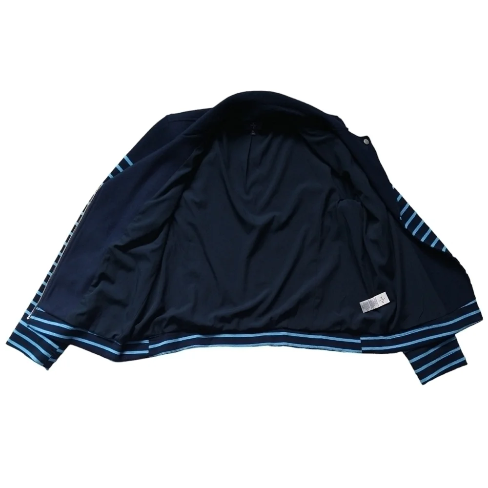NYDJ Navy Blue Stripe Ponte Knit Moto Jacket Zip Pockets Preppy Modern Nautical